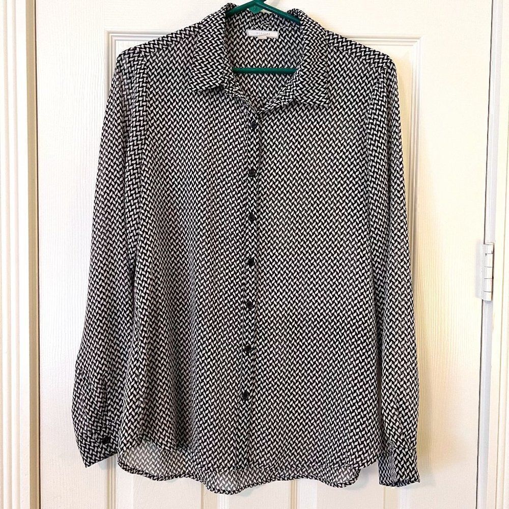 Pleione Semi Sheer Black and White Herringbone Button Down Blouse Size L